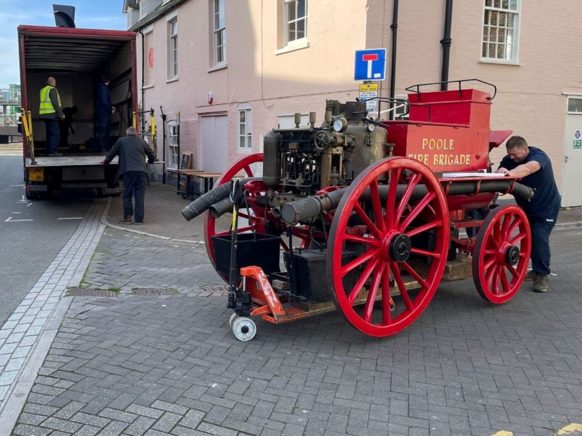 Fire engine ready for transportation.