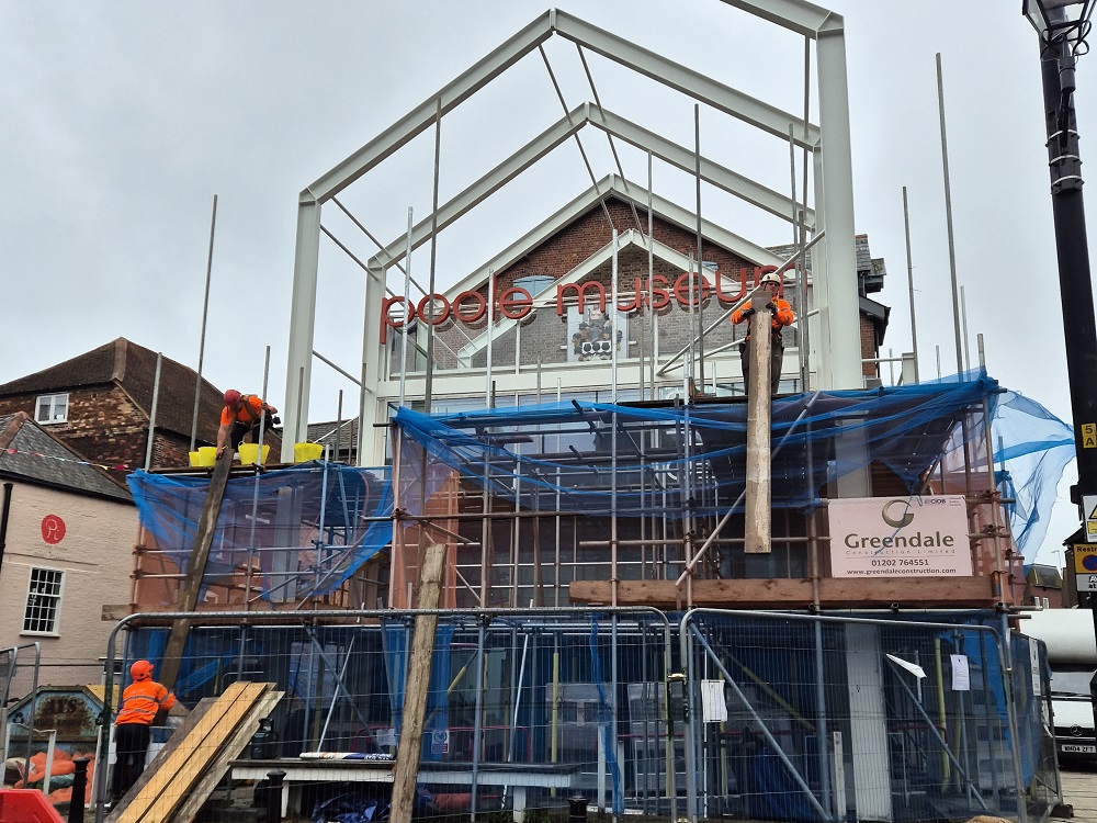 The outside of the main building with scaffolding