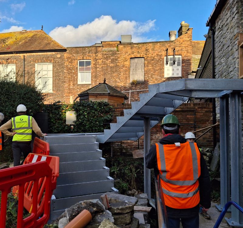 The external fire access steps being installed