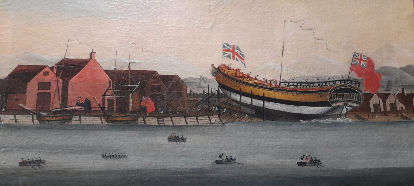 This oil painting of the launch of the Abeona in 1794, built and launched in Poole. 