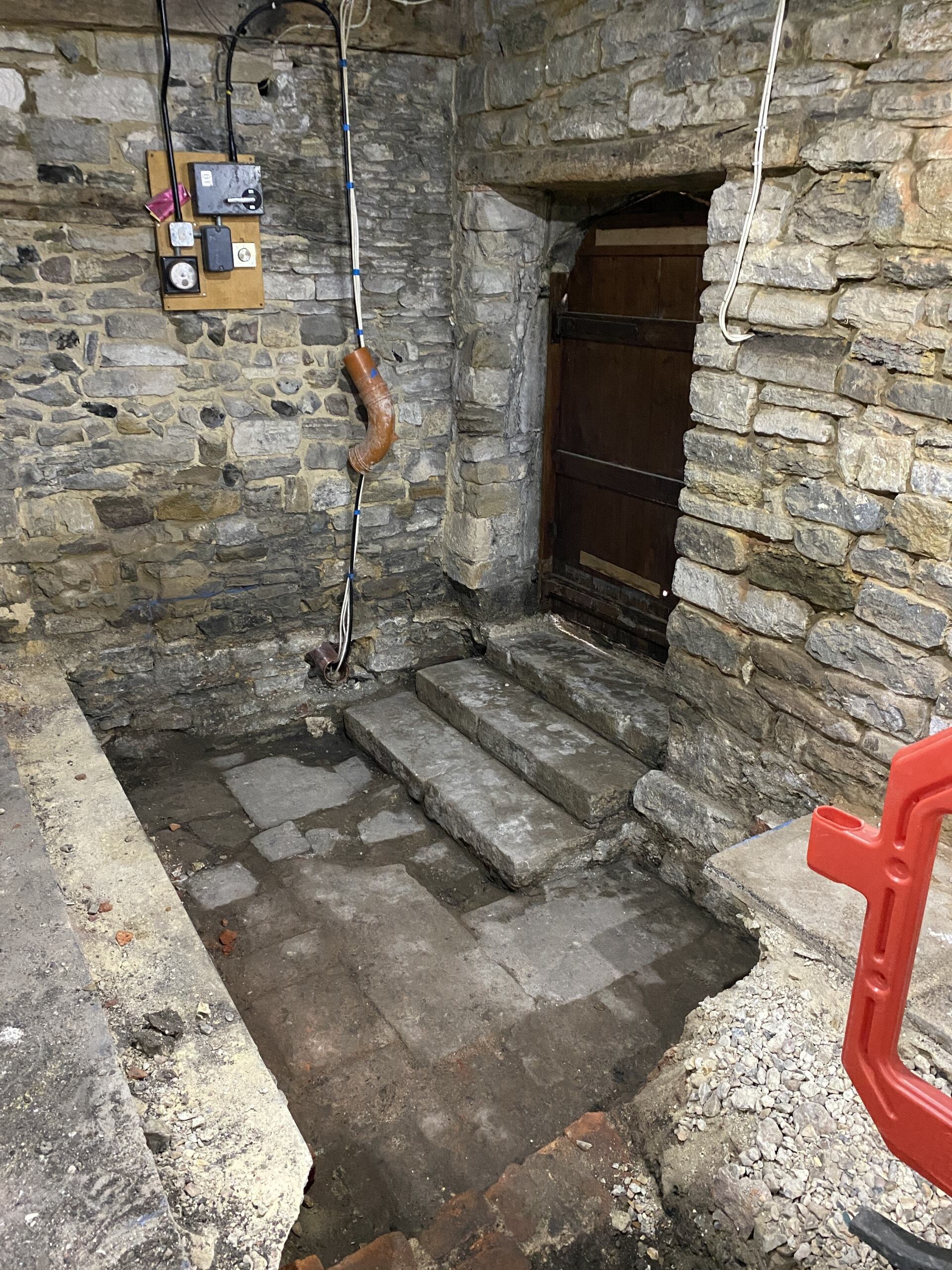 Discovered steps from courtyard door to scullery, Scaplen's Court